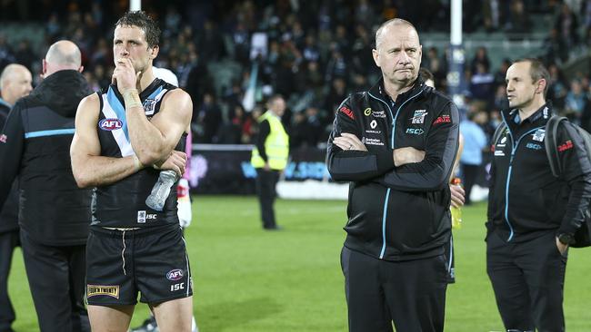 Travis Boak with Ken Hinkley after the loss. Picture Sarah Reed