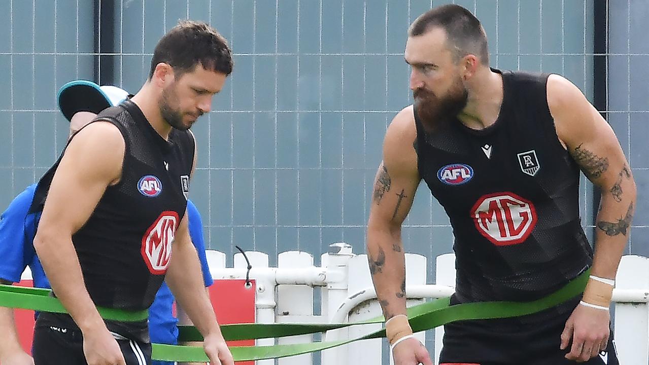 Charlie Dixon, right, and Travis Boak at training last week. Picture: Mark Brake