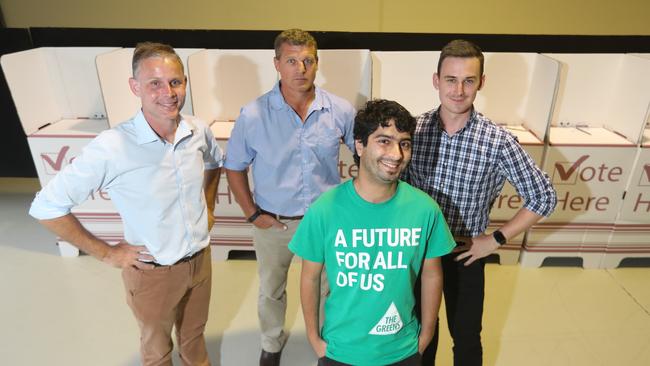 Bonney candidates Rowan Holzberger (ALP), Robert Buegge (IND), Amin Javanmard (Greens), Sam O'Connor (LNP). Picture: Richard Gosling