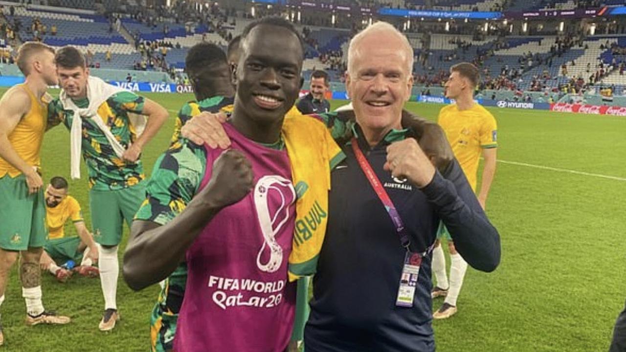 Mind coach Mike Conway, right, with Socceroos star Awer Mabil at the Qatar Men's World Cup. Picture: Supplied