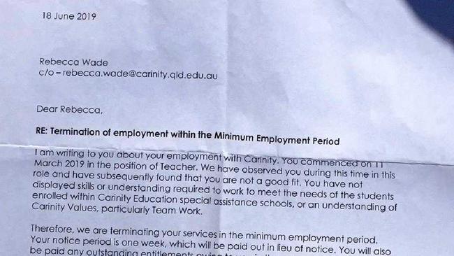 Bec Wade's termination letter from Carinity Education. Picture: Contributed