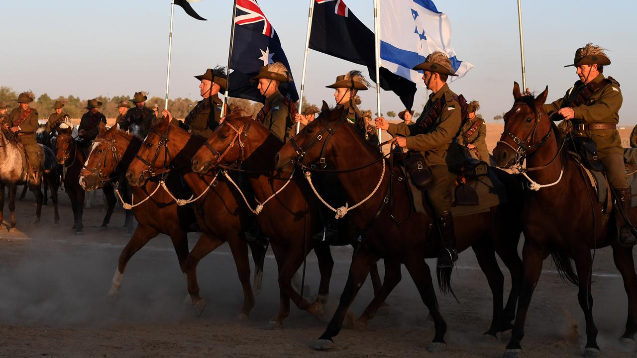 History enthusiasts, many of them descendants of soldiers who fought in the Australian Light Horse Brigade, took part in a re-enactment of the charge in Beersheba, Israel, on October 31, 2017, for the 100th anniversary for the Battle of Beersheba. Picture: AAP Image/Dan Peled