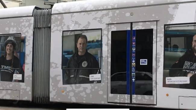 CFMEU state secretary John Setka appears on the side of a tram as part of a union advertising campaign. Picture: Supplied