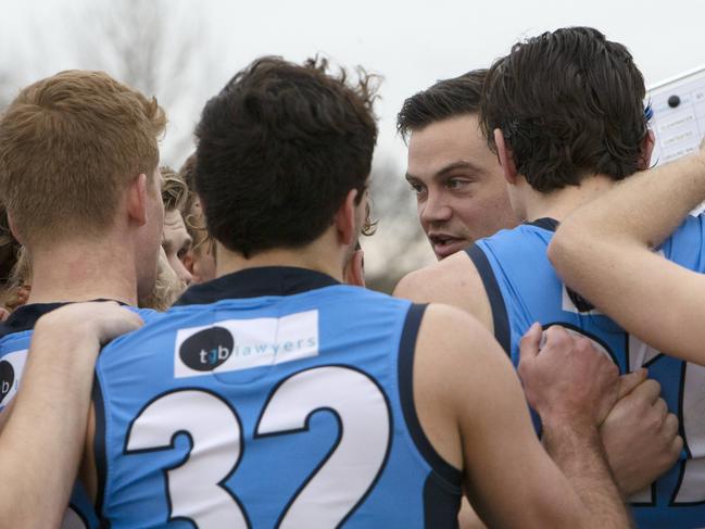 AFL South Australia - Coach at huddles Nathan Grima (Sturt) at the Sturt v Norwood at Unley Oval, S.A. Photographer Emma Brasier.