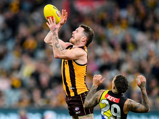 Blake Hardwick takes a mark against Richmond last week. (Photo by Josh Chadwick/AFL Photos/via Getty Images)