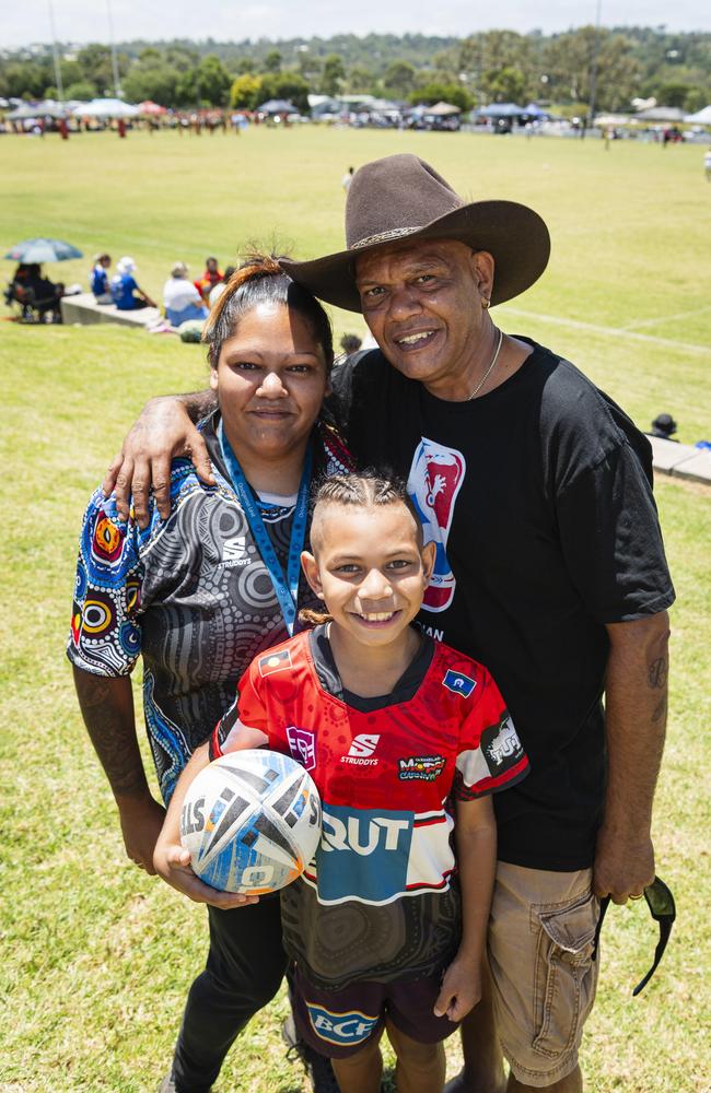 Supporting the Cherbourg teams are (from left) Charleston Bligh, Elijah Bligh and Steven Button at the Warriors Reconciliation Carnival at Jack Martin Centre, Saturday, January 25, 2025. Picture: Kevin Farmer