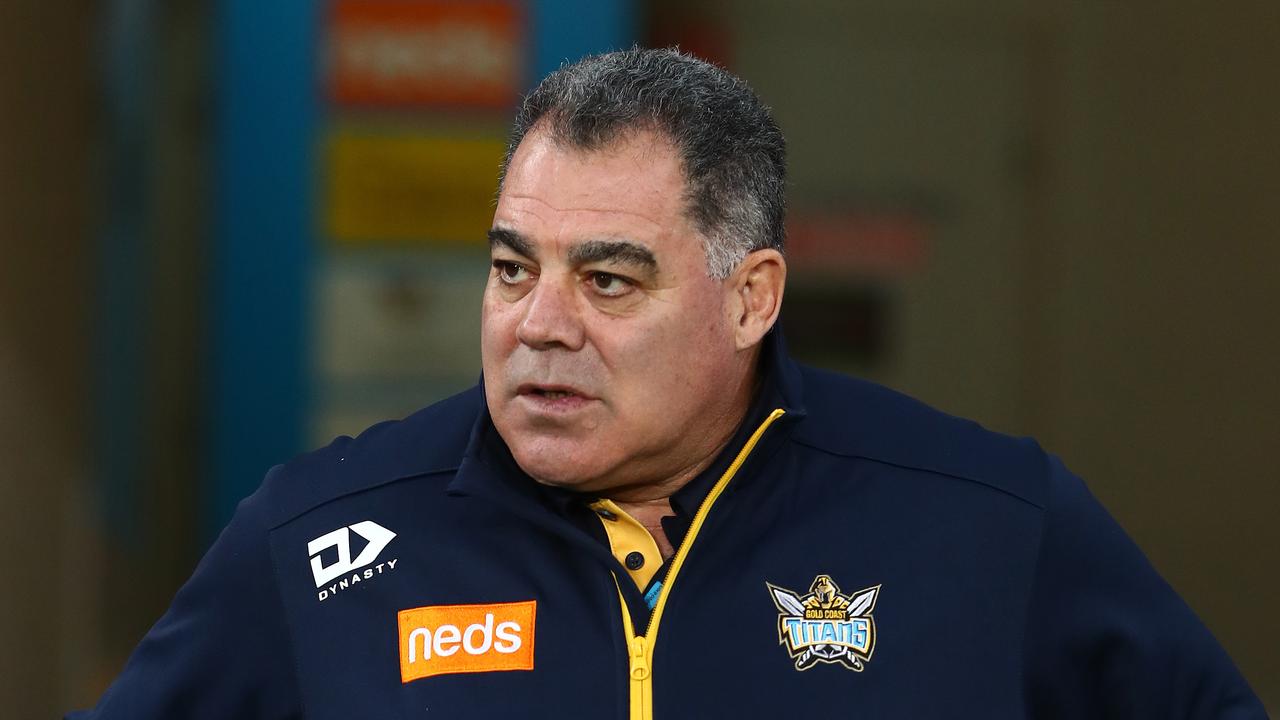 GOLD COAST, AUSTRALIA - MAY 22: Mal Meninga looks on during the round 11 NRL match between the Gold Coast Titans and the Canterbury Bulldogs at Cbus Super Stadium, on May 22, 2021, in Gold Coast, Australia. (Photo by Chris Hyde/Getty Images)