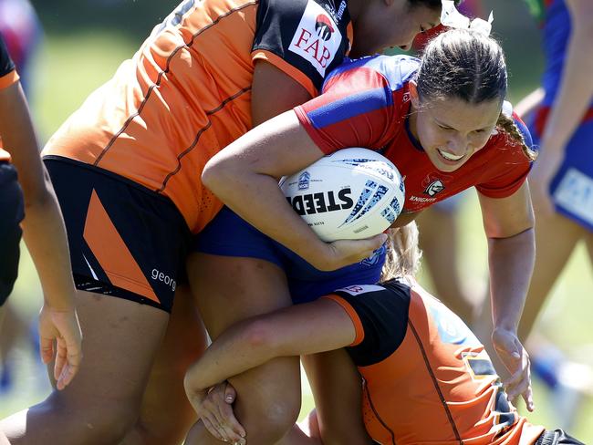 Georgina Pratley is tackled. Picture: Michael Gorton