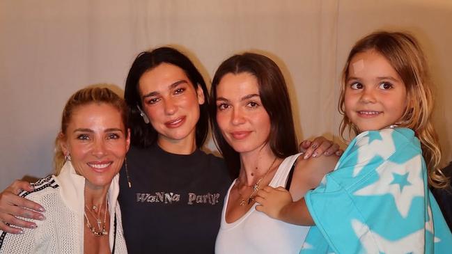 Kita Alexander, with her four-year-old daughter and Elsa Pataky posing Dua Lipa backstage at her concert in Paris. Picture: Instagram