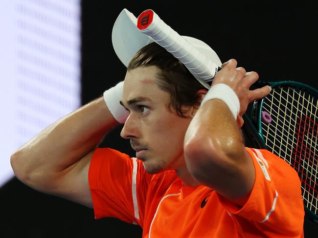 MELBOURNE, JANUARY 21, 2024: 2024 Australian Open Tennis - Alex de Minaur reacts against Andrey Rublev during their fourth round singles match on Rod Laver Arena. Picture: Mark Stewart