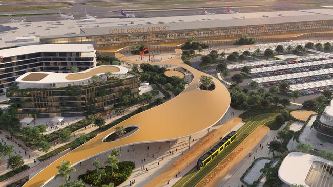 Artist impression of the Gold Coast Airport masterplan showing the proposed light rail connection. Picture: Supplied