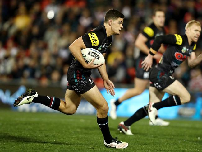 Nathan Cleary makes a break during his impressive rookie season. Picture: Gregg Porteous