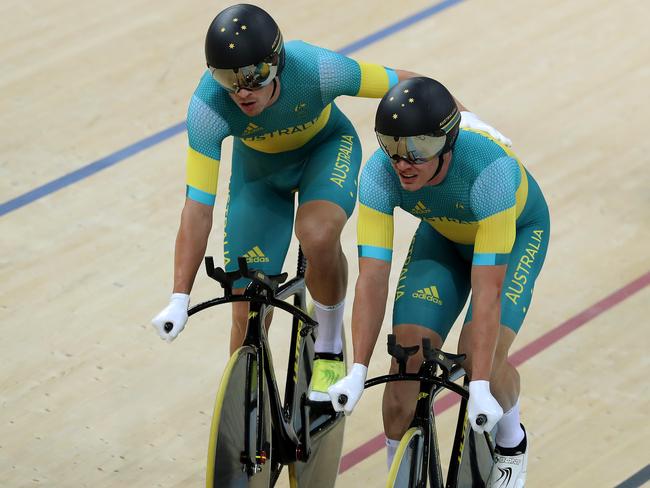 Jack Bobridge and Michael Hepburn after winning silver in the Men's Team Pursuitl at the 2016 Rio Olympics at the Rio Olympic Velodrome. Pics Adam Head