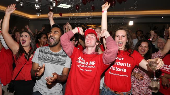 Supporters welcome Daniel Andrews onstage on election night. Picture: Alex Coppel.