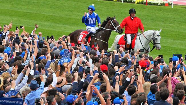 Winx and Hugh Bowman after their great win.