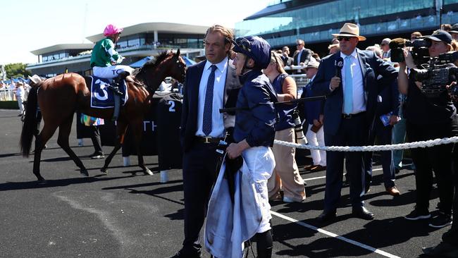 James McDonald and Coolmore Australia boss Tom Magnier deep in conversation. Picture: Jeremy Ng/Getty Images