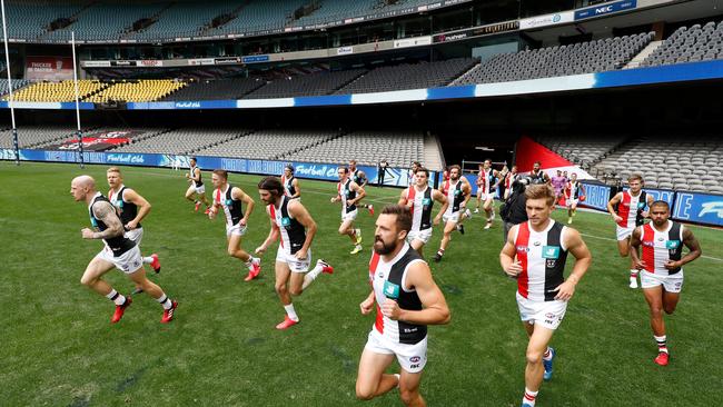 The Saints run out on March 22 to an empty Marvel Stadium. Picture: Getty