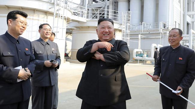 Kim Jong-un reappears last weekend at a fertiliser factory in South Pyongan, near Pyongyang. Picture: KCNA via AP