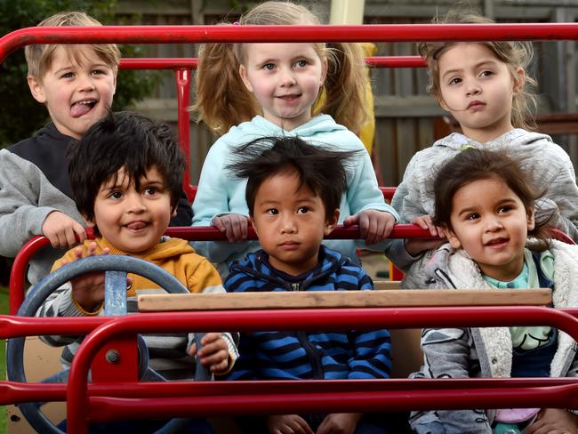 Anton, 3, Hannah, 4, Matilda, 4, front row, Ariyan Dahiya, 2, Ryan, 2, and Rubani, 2, are among a ballooning number of kids in Wyndham. Picture: Jay Town.