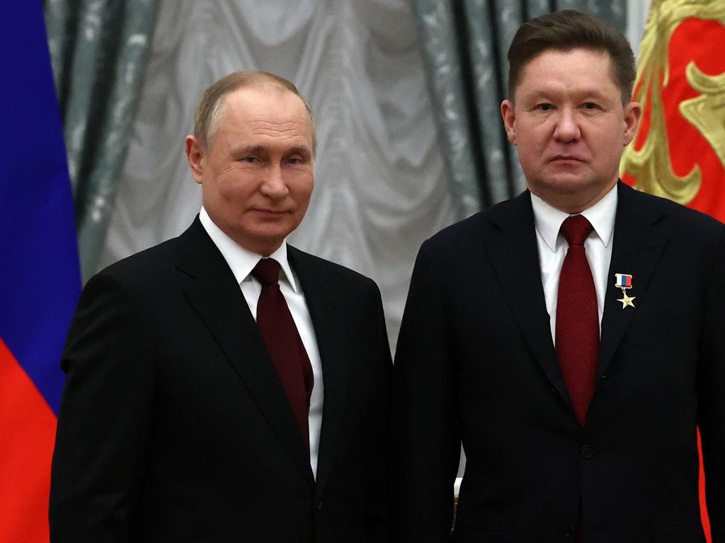 Vladimir Putin pictured with Gazprom CEO Alexey Miller. Picture: AFP/Sergei Karpukhin