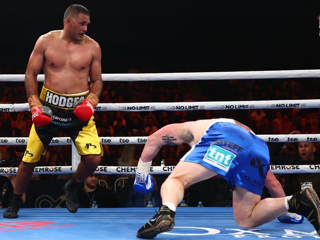 Hodges knocks down Gallen in the second round during their bout at Nissan Arena. Picture: Chris Hyde/Getty Images