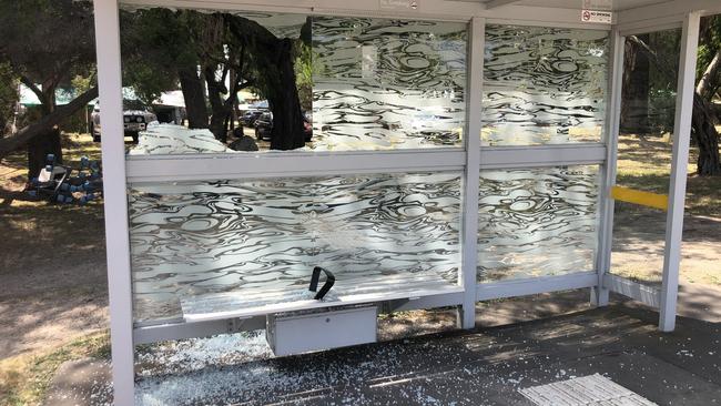 A bus shelter on the Mornington Peninsula which has been smashed. A number of the shelters have been damaged. Picture: Supplied