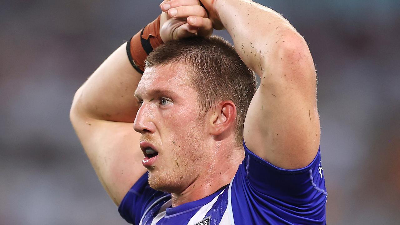 SYDNEY, AUSTRALIA - MARCH 20: Jack Hetherington of the Bulldogs looks dejected during the round two NRL match between the Canterbury Bulldogs and the Brisbane Broncos at Accor Stadium, on March 20, 2022, in Sydney, Australia. (Photo by Mark Kolbe/Getty Images)