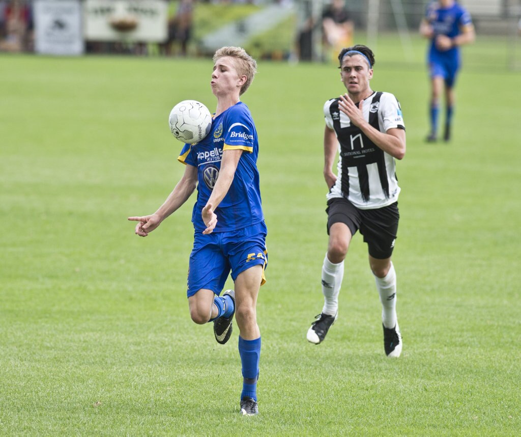 Cormac McCarthy, USQ. Football, Willowburn vs USQ. Sunday, 4th Mar, 2018. Picture: Nev Madsen