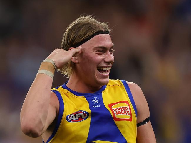 PERTH, AUSTRALIA - APRIL 20: Harley Reid of the Eagles celebrates after scoring a goal during the 2024 AFL Round 06 match between the West Coast Eagles and the Fremantle Dockers at Optus Stadium on April 20, 2024 in Perth, Australia. (Photo by Will Russell/AFL Photos via Getty Images)