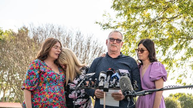 His mother also was overcome by emotion during the press conference and the pair clung to each other for support. Picture: NCA NewsWire/ Flavio Brancaleone,