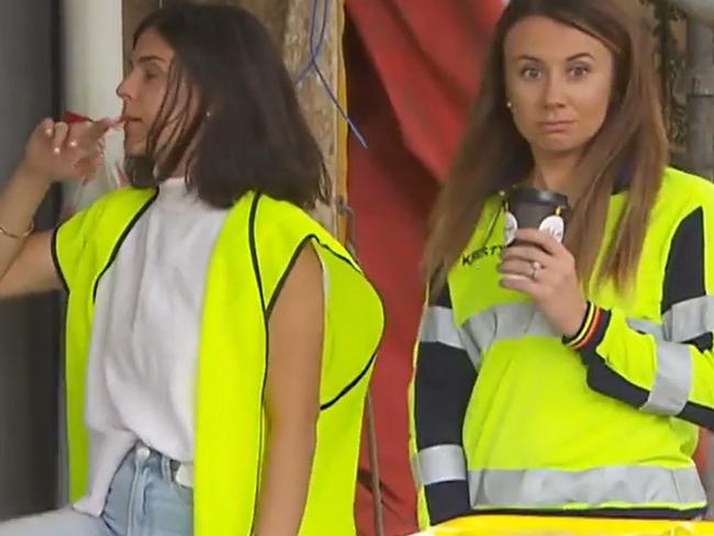 Kristy eavesdrops on Gian and Steph's spat to report back to Leah. Picture: Supplied, Channel 9