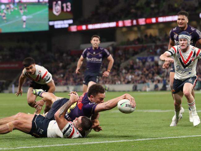 MELBOURNE, AUSTRALIA - SEPTEMBER 15: Will Warbrick of the Storm scores a try during the NRL Semi Final match between Melbourne Storm and the Sydney Roosters at AAMI Park on September 15, 2023 in Melbourne, Australia. (Photo by Kelly Defina/Getty Images)