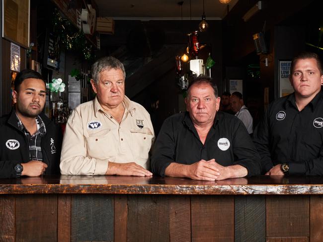 Wooldshed management, Jase Luth, Owner, John Meek, Alex Laughton and Andrew Chandler outside the Woolshed on Hindley St in Adelaide, preparing to let go of 130 staff due to new Coronavirus restrictions, Wednesday, March 18, 2020. Picture: MATT LOXTON