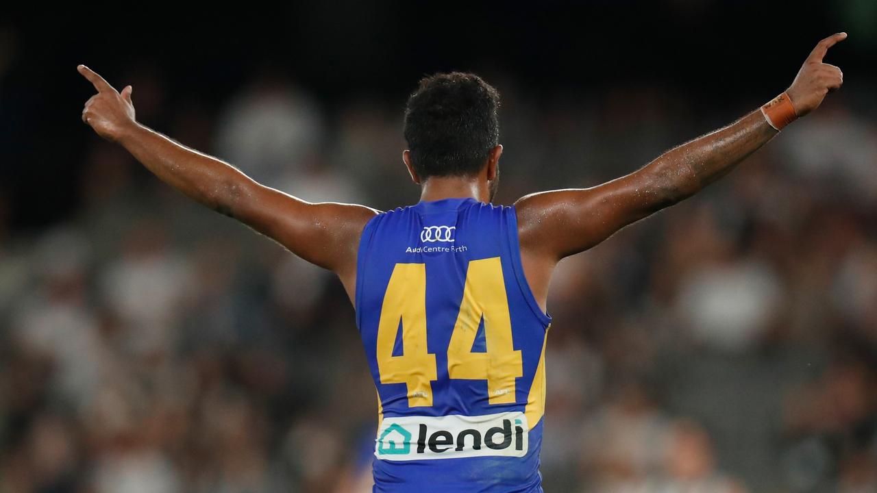 Willie Rioli celebrates the final siren. Photo by Michael Willson/AFL Photos via Getty Images.