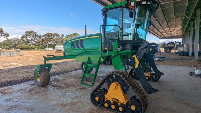 Steel and rubber windrower tracks Victorian farmer Nick Brain had made to get across sodden paddocks. Picture: Supplied