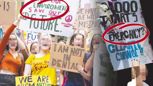 Wrongly spelled signs at the School Strike for Climate in Sydney in November. Picture: Jenny Evans