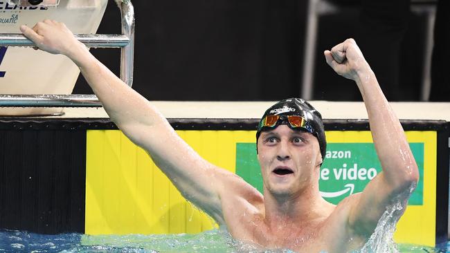 ADELAIDE, AUSTRALIA – JUNE 12: Elijah Winnington celebrates winning the Men's 400 LC Metre Freestyle final during the Australian National Olympic Swimming Trials at SA Aquatic &amp; Leisure Centre on June 12, 2021 in Adelaide, Australia. (Photo by Mark Brake/Getty Images)