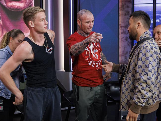 No Limit Boxing press conference at Fox Sports in Artarmon  between Janibek Alimkhanuly and Andrei Mikhailovic ahead of their bout on Friday night, Wednesday 2nd October, 2024. Members of Andrei's team including coach Isaac Peach (red t-shirt) clash with members of Janibek's team including Berik Sultanov (R). Picture: Toby Zerna