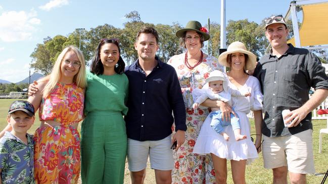 Riley Roberts, 7, Shae Roberts, Summer Langton, James Langton, Emma Ettinger, Em O'Connor and James O'Connor with Hudson O'Connor at the Noosa Polo and Provedores on October 14, 2023.