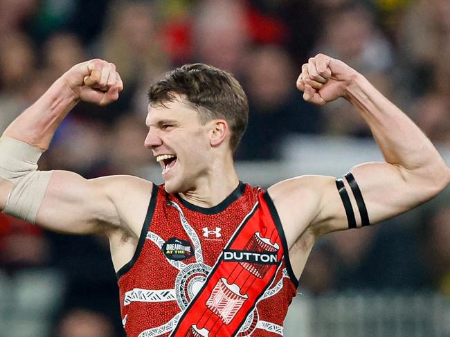 MELBOURNE, AUSTRALIA - MAY 25: Jordan Ridley of the Bombers celebrates a goal during the 2024 AFL Round 11 match between the Richmond Tigers and the Essendon Bombers at The Melbourne Cricket Ground on May 25, 2024 in Melbourne, Australia. (Photo by Dylan Burns/AFL Photos via Getty Images)