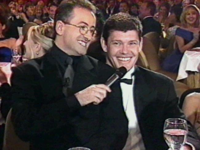 Andrew Denton sitting on James Packer's lap in 1999. Picture: Supplied