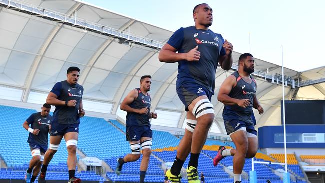 Lukhan Tui (front) trains with Wallabies teammates at the Gold Coast’s Cbus Super Stadium ahead of Saturday night’s Test against Argentina. Picture: AAP