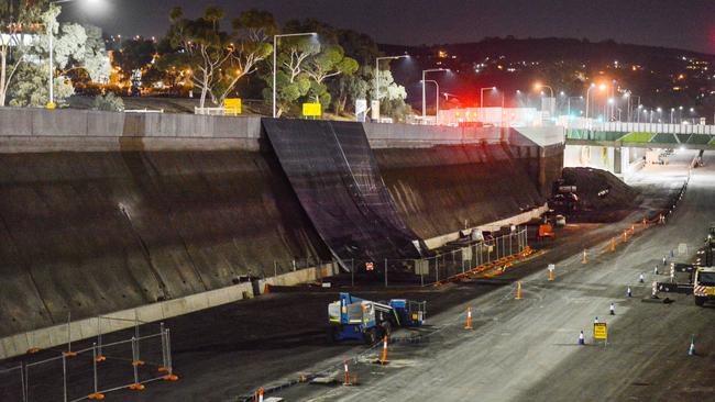 Looking south from Sturt Rd where concrete has collapsed on sections of the new Darlington road upgrades. Picture: Brenton Edwards