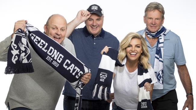 Before the change: Sam Newman with Billy Brownless, Rebecca Maddern and then Footy Show co-host Craig Hutchison. Picture: Channel 9