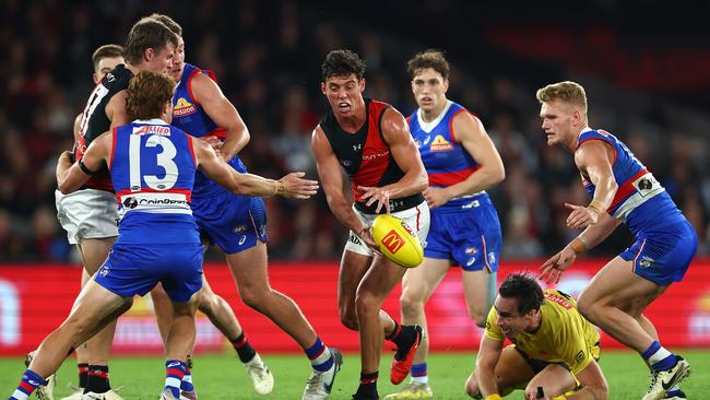 Caldwell claimed the scalp of Tom Liberatore when the Bombers played the Western Bulldogs. Picture: Quinn Rooney/Getty Images