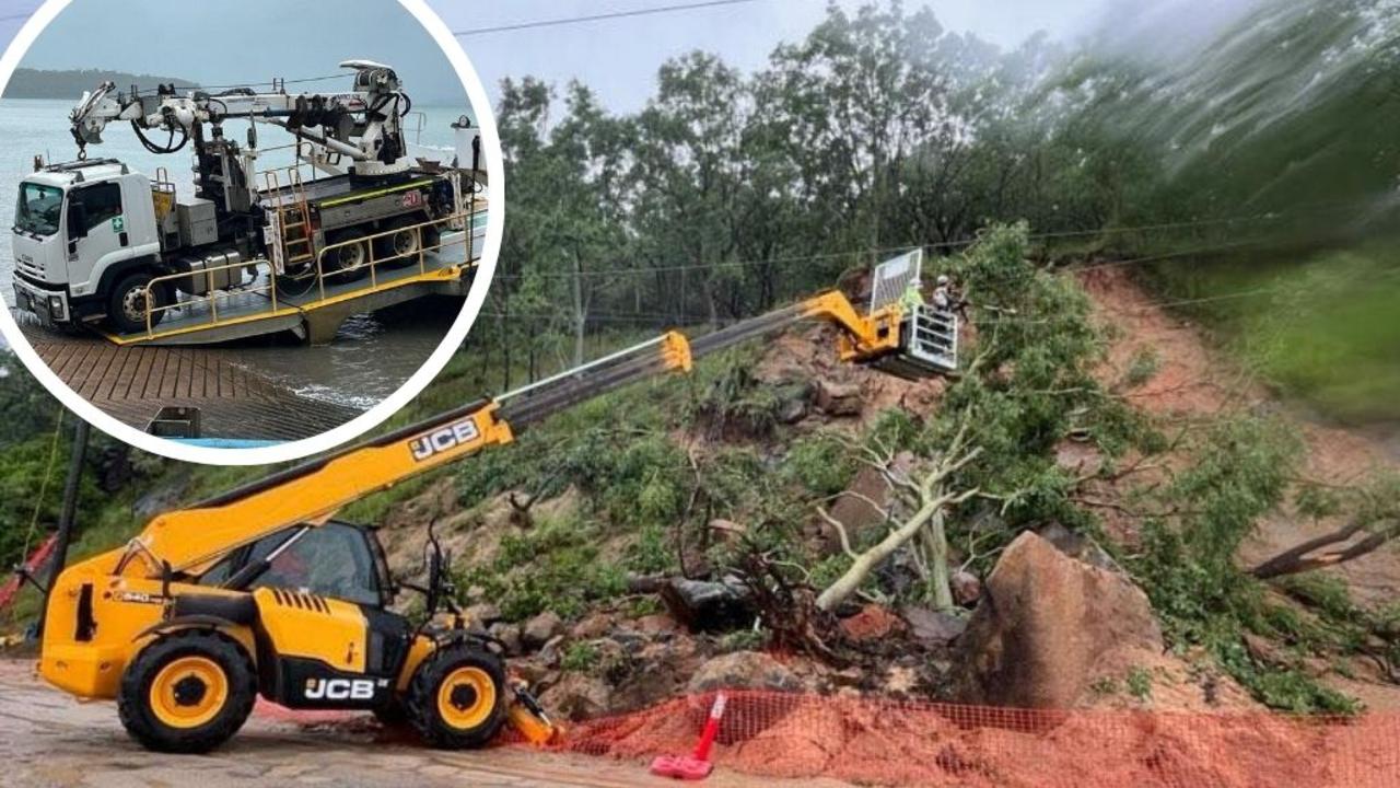 Ergon Energy and Palm Island crews have worked to restore services to the island after a massive landslide on the eastern side of the island. Pictures: Supplied.