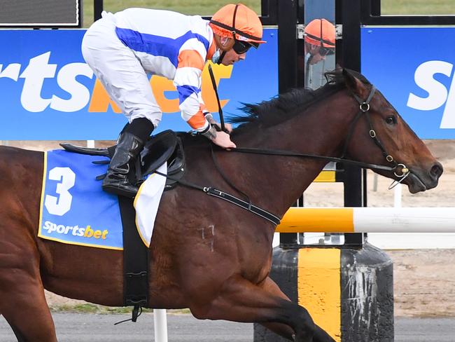 My Boy Birmingham ridden by Dean Holland wins the Polytrack Maiden Plate at Sportsbet-Ballarat Synthetic Racecourse on June 07, 2021 in Ballarat, Australia. (Pat Scala/Racing Photos)