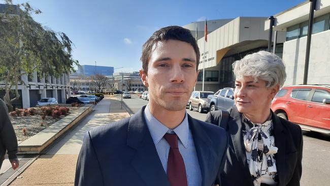 Jake Elias Versteeg leaves the ACT Supreme Court in June, accompanied by his burlesque performer mother, Gianna “Possum Galore” Bagnara. Picture: Craig Dunlop