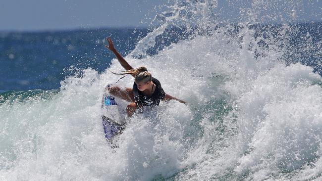 Young Sunshine Coast surfer Sophie McCulloch. Women's fashion while surfing at Snapper. Snapper Rocks surfing. Pics Tim Marsden