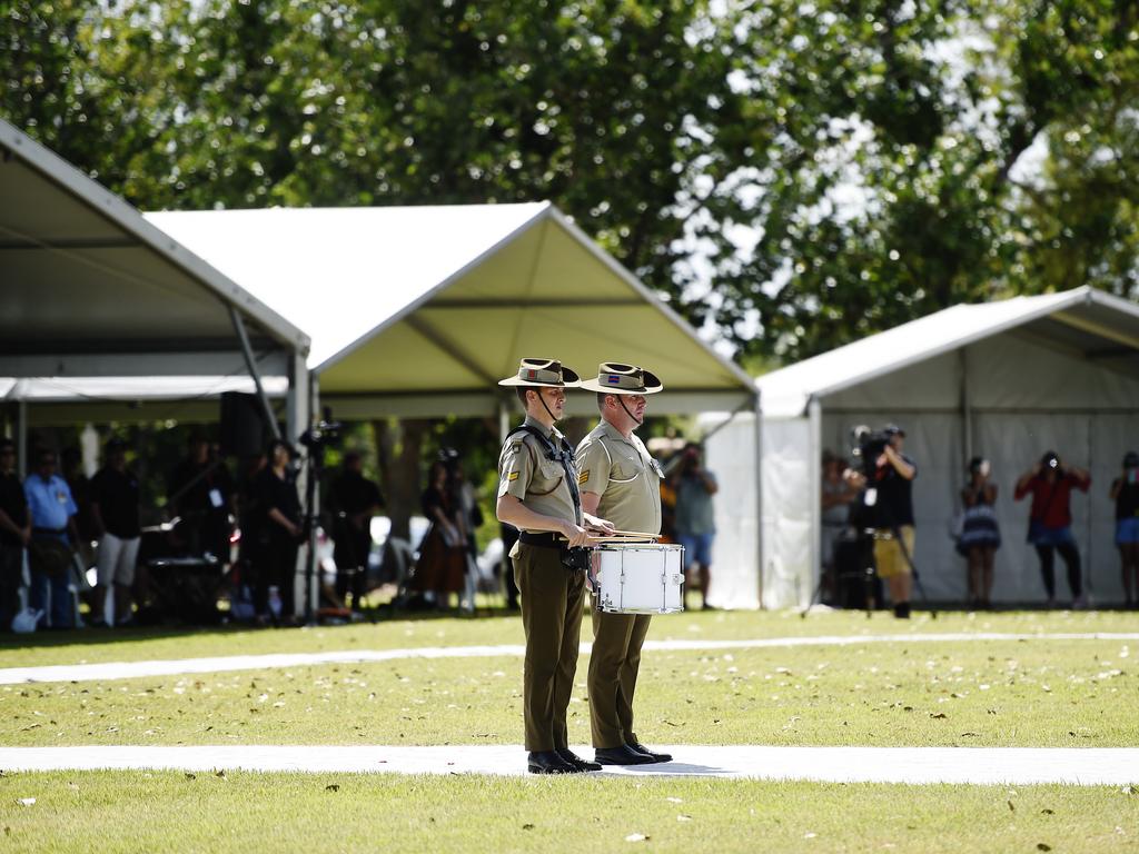 Soldiers are seen playing drums during the 77th Anniversary of the Bombing of Darwin on Tuesday, February 19, 2019. Picture: KERI MEGELUS